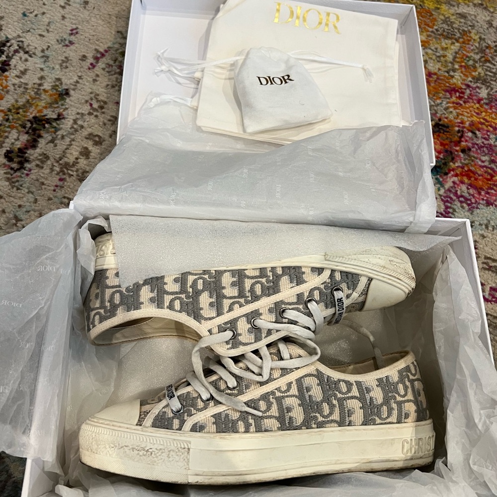 Dior Oblique Canvas Low-Top Sneakers in Gray & Cream